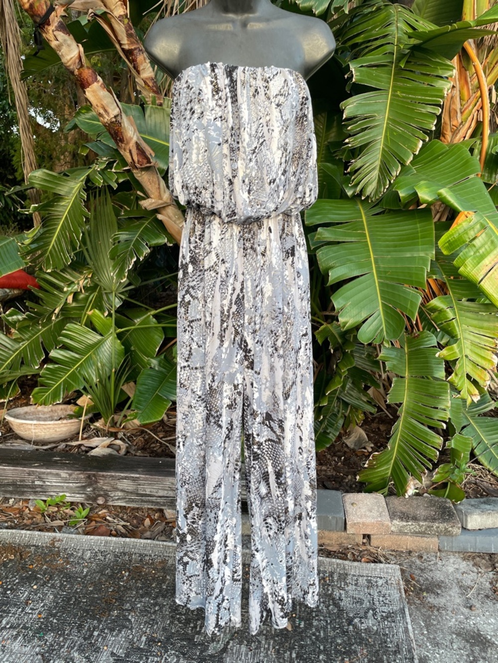 Strapless snake print jumpsuit with metallic gold